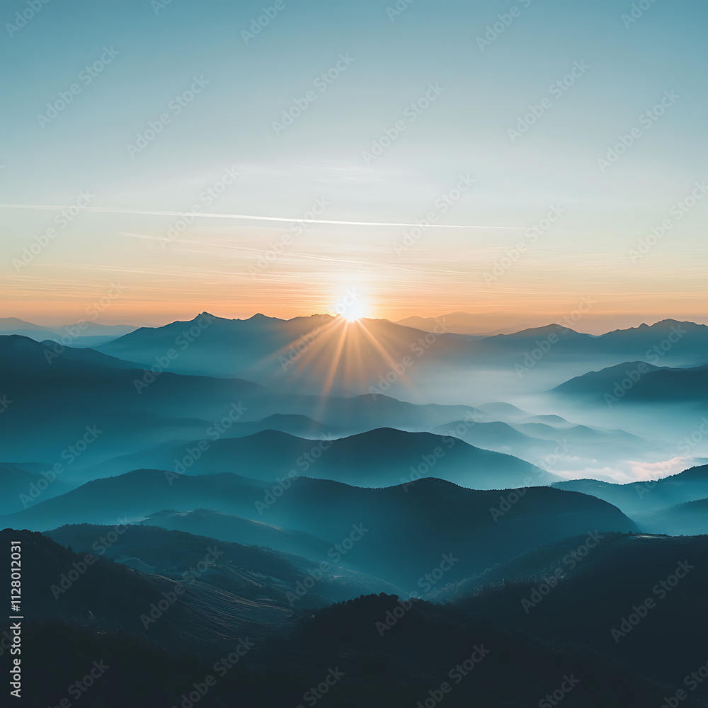 Serene mountain landscape at sunrise with misty valleys and peaks Serene mountain landscape at sunrise with misty valleys and peaks