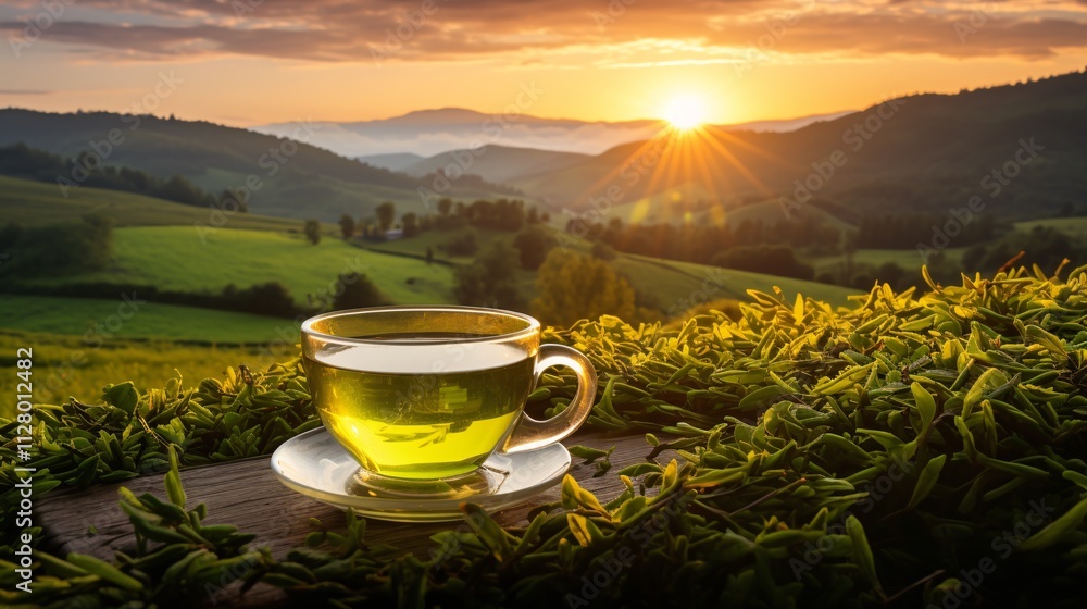 Green tea in a glass cup with a beautiful sunrise over rolling green fields Green tea in a glass cup with a beautiful sunrise over rolling green fields