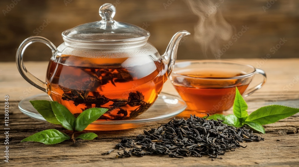 Aromatic Tea in Glass Teapot and Cup with Fresh Green Leaves Aromatic Tea in Glass Teapot and Cup with Fresh Green Leaves