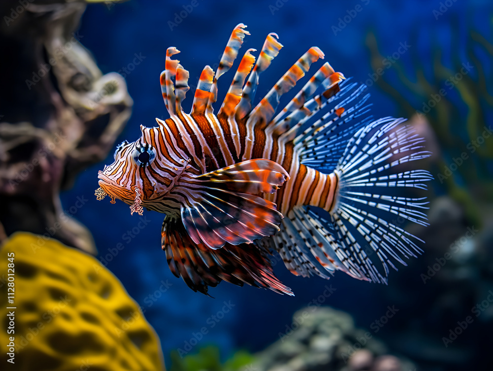 Vivid close up of lionfish with intricate fins in vibrant underwater scene Vivid close up of lionfish with intricate fins in vibrant underwater scene