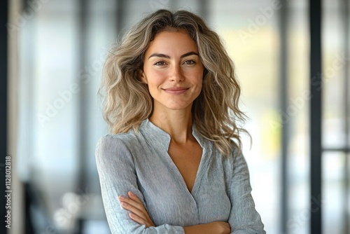 Confident businesswoman in modern office smiling professional leader executive manager arms crossed looking at camera