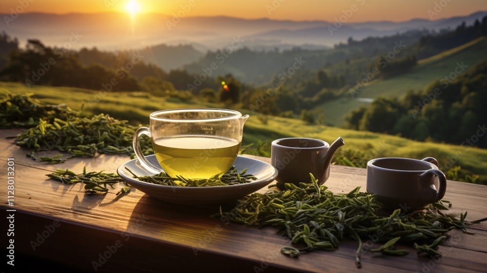 Green tea in a ceramic cup with a beautiful sunrise over rolling green fields Green tea in a ceramic cup with a beautiful sunrise over rolling green fields