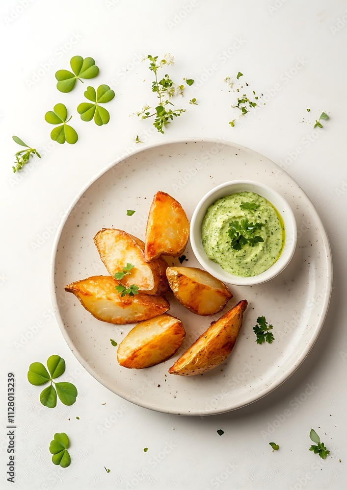 A plate of crispy potato wedges garnished with herbs and served with a green dip, styled with clover accents on a light beige background, leaving space for text A plate of crispy potato wedges garnished with herbs and served with a green dip, styled with clover accents on a light beige background, leaving space for text