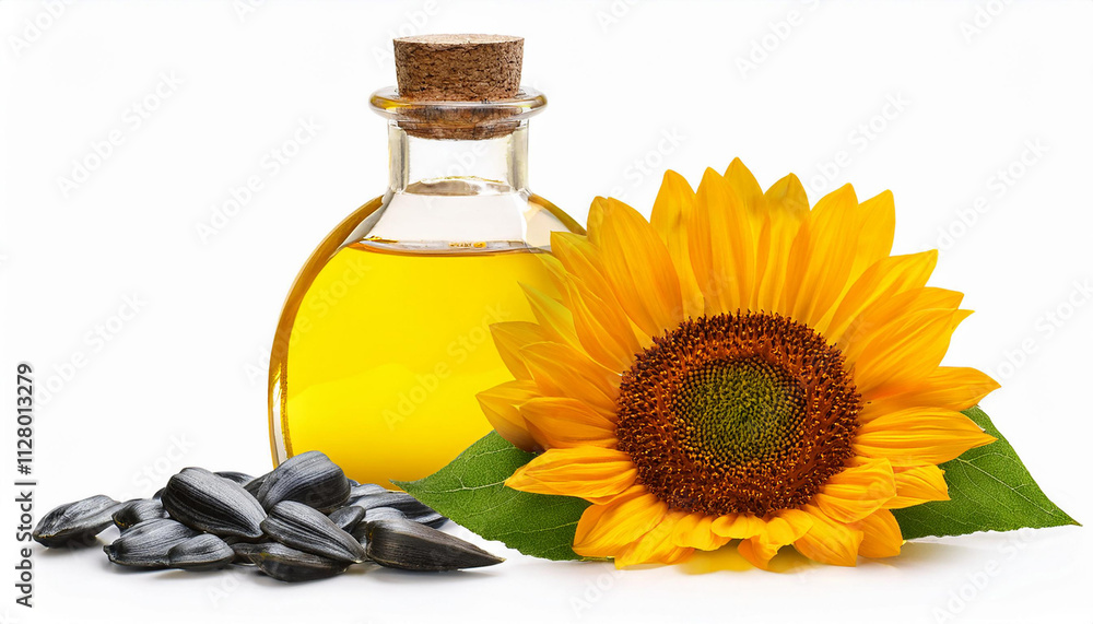 Bottle of sunflower oil, flower with leaf and peeled seeds isolated on white background Bottle of sunflower oil, flower with leaf and peeled seeds isolated on white background