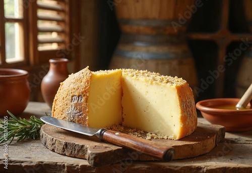 Cheese on a wooden cutting board with rustic kitchen background during daytime photo