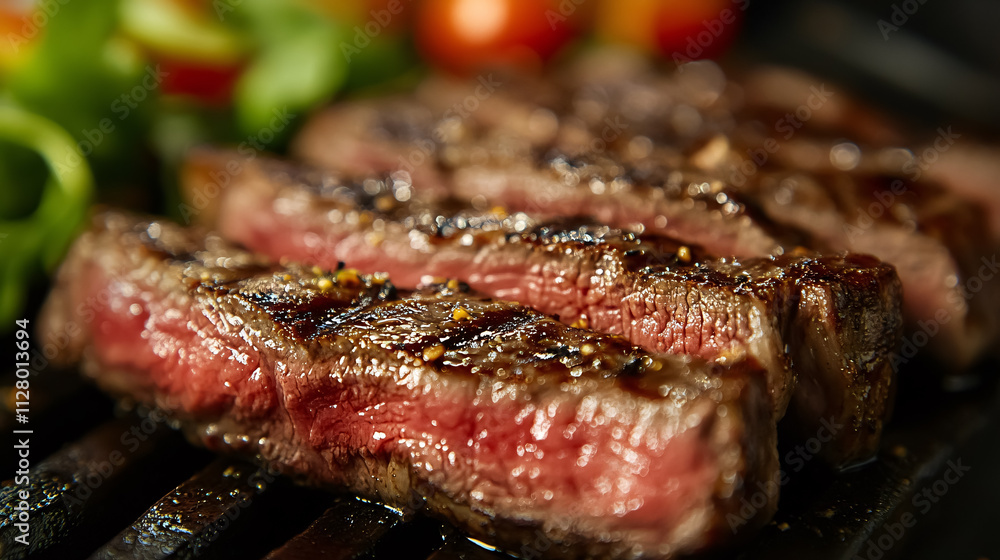 Close-up of a sliced grilled ribeye steak, medium rare, as a food recipe background. Close-up of a sliced grilled ribeye steak, medium rare, as a food recipe background.