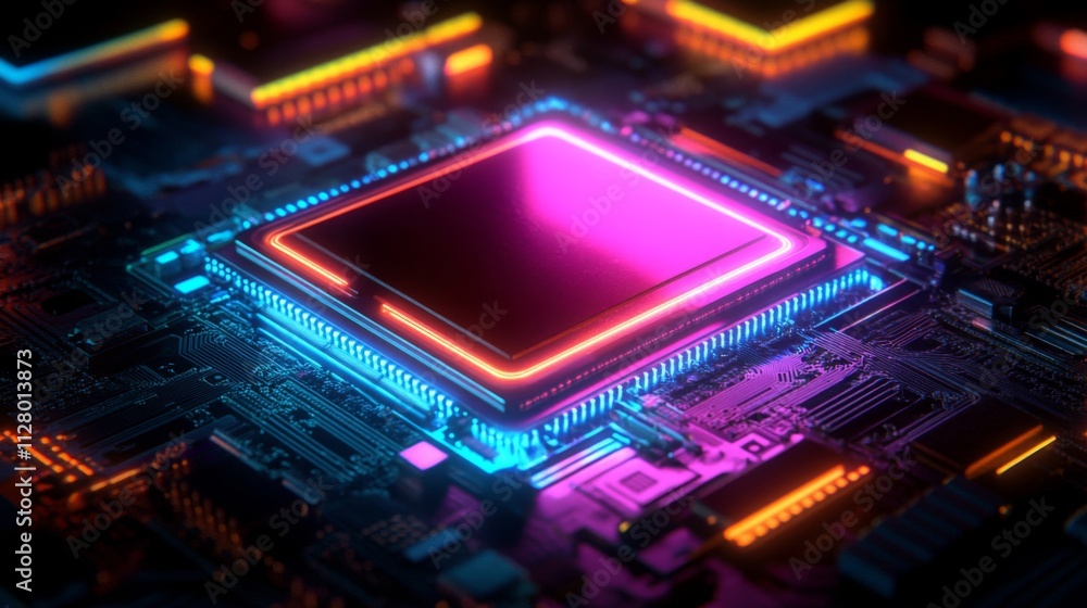 Neon Lit Central Processing Unit On Motherboard Neon Lit Central Processing Unit On Motherboard