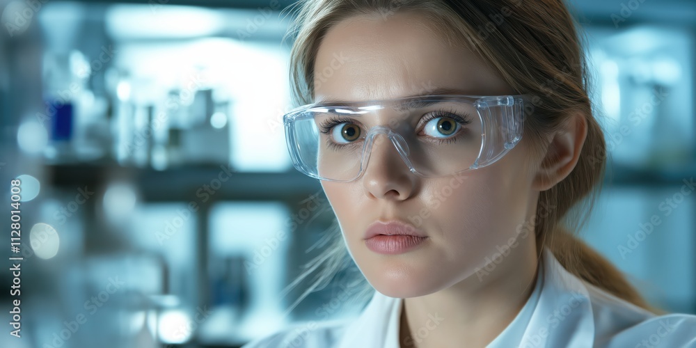 A determined young scientist wearing protective eyewear in a research laboratory, exemplifying dedication to her work amid a backdrop of scientific experimentation and discovery. A determined young scientist wearing protective eyewear in a research laboratory, exemplifying dedication to her work amid a backdrop of scientific experimentation and discovery.