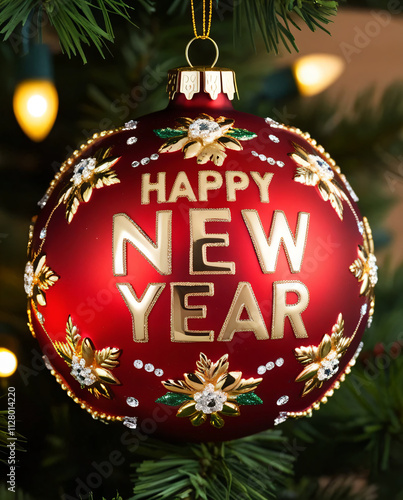 This red bauble reads Happy New Year, perfect for holiday decor.