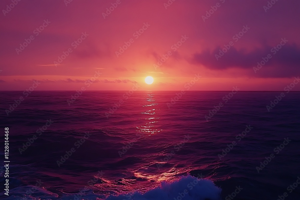 A serene sunset over the ocean, casting a purple hue across the water. A serene sunset over the ocean, casting a purple hue across the water.
