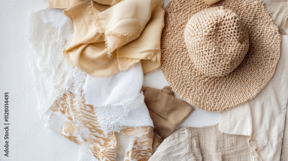 Soft Textiles and Straw Hat Arranged on a Light Background Soft Textiles and Straw Hat Arranged on a Light Background