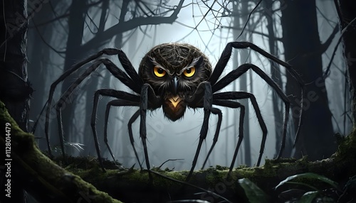 Enormous Owl-Spider in a Mysterious Dark Forest Digital Art photo