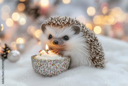 Adorable Hedgehog with Candle on Festive Background