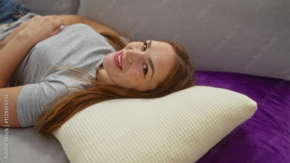 Woman relaxing on a couch in a cozy living room, smiling warmly with her head resting on white and purple pillows, creating a feeling of comfort and tranquility at home. Woman relaxing on a couch in a cozy living room, smiling warmly with her head resting on white and purple pillows, creating a feeling of comfort and tranquility at home.