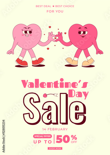 Happy Valentines Day sale flyer with cute walking couple heart character in retro groovy style. Vector illustration for poster, brochure, banner, card, special offer