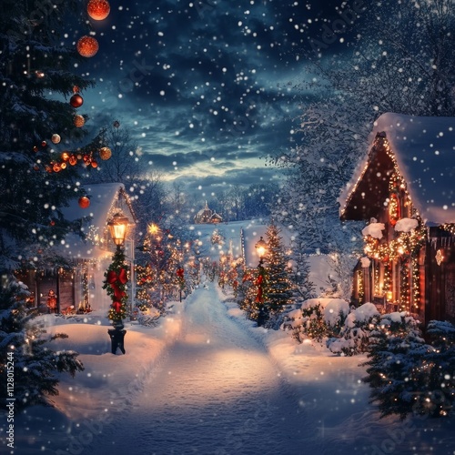 Enchanting Winter Village Adorned With Festive Lights and Snowflakes Creating a Magical Atmosphere During the Holiday Season