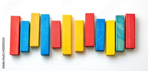 A colorful arrangement of wooden toy blocks laid out symmetrically on a white background