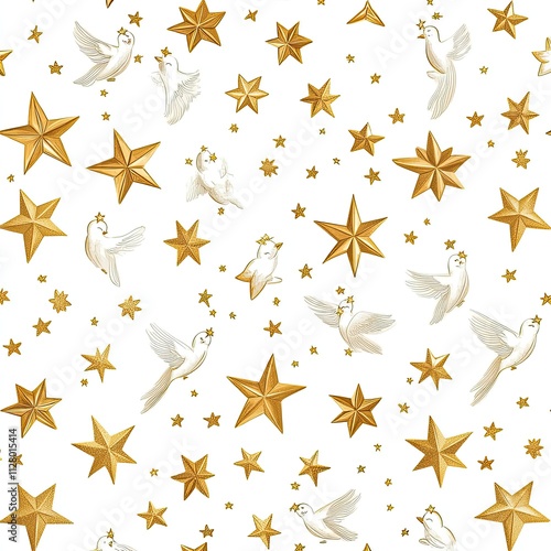 Golden doves and stars pattern design creative art digital illustration white background aesthetic view peaceful concept photo