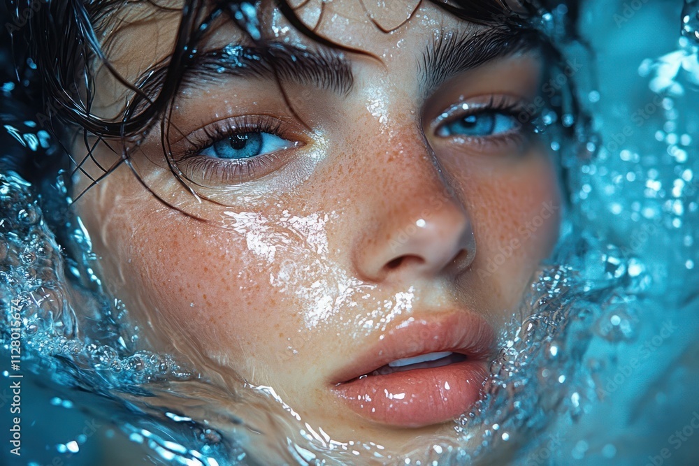 Hyper-realistic portrait of a woman submerged in water with blue tones for skincare and wellness Hyper-realistic portrait of a woman submerged in water with blue tones for skincare and wellness