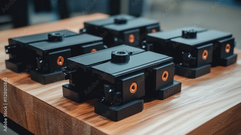 Fototapeta premium Black Mechanical Components on Wooden Surface for Industrial Use