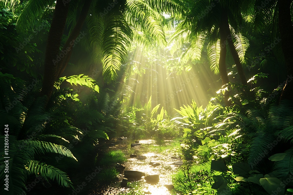 Naklejka premium Lush tropical forest with sunlight filtering through leaves and a serene stream.