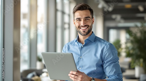 Confident young handsome businessman in blue shirt holding laptop and smiling at camera