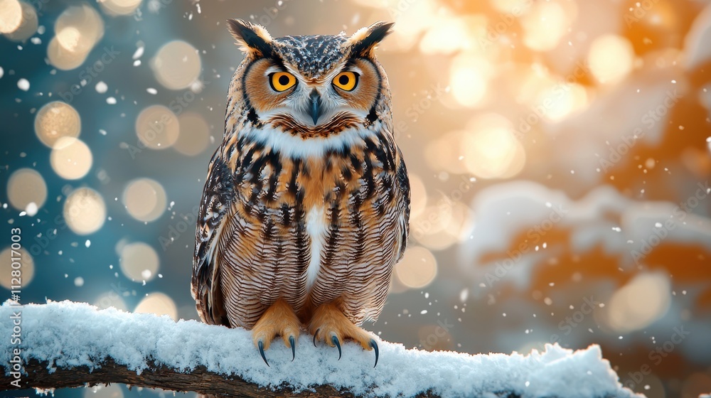 Majestic owl perched on snowy branch winter wonderland nature scene Majestic owl perched on snowy branch winter wonderland nature scene