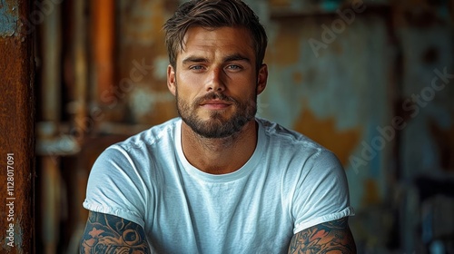 Tattooed Man Portrait in White T-Shirt Natural Light with Rustic Background