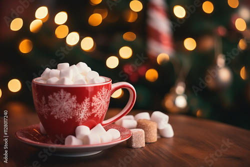 Red cup filled with fluffy marshmallows rests on wooden surface. Bright holiday lights and ornaments create warm festive atmosphere, evoking winter cheer.