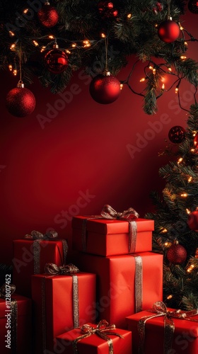 Christmas tree themed many gifts boxes on red solid backdrop table, christmas themed decors and string lightings hanging from above, Christmas background, copy space on right side photo