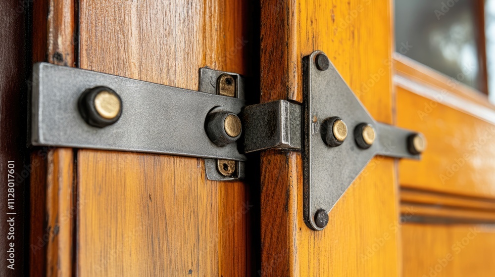 Close-Up of Rustic Wooden Door Hinge with Metal Fasteners Detail Close-Up of Rustic Wooden Door Hinge with Metal Fasteners Detail