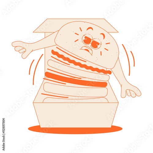 Funky burger character in lunch box in trendy retro groovy style. Psychedelic fast food mascot with face and hands. Cool vector sticker in monochrome palette