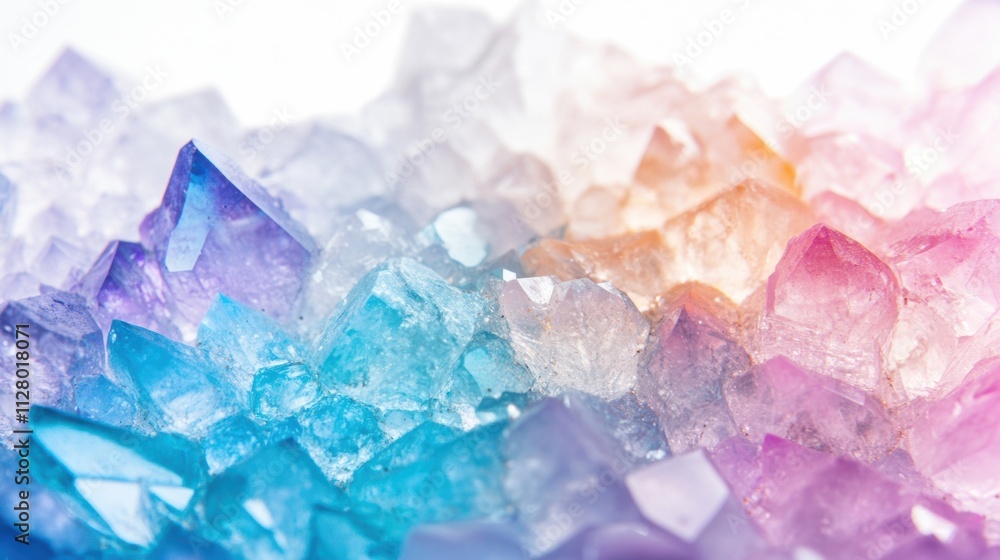 Fototapeta premium Brightly colored crystal formations create a stunning display against a white background, highlighting their intricate textures and natural beauty