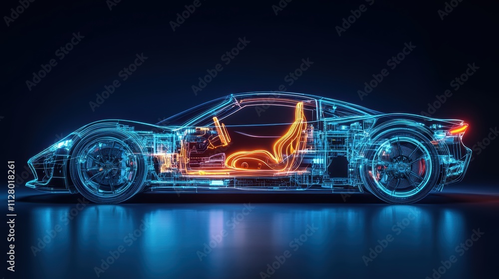 holographic representation of a car, showcasing its internal components and systems in a transparent, The car is outlined in glowing blue lines, with intricate details of its structure holographic representation of a car, showcasing its internal components and systems in a transparent, The car is outlined in glowing blue lines, with intricate details of its structure