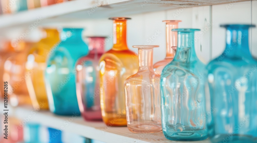 Brightly colored glass vases are artfully arranged on white shelves, showcasing different designs and hues in a lively interior environment Brightly colored glass vases are artfully arranged on white shelves, showcasing different designs and hues in a lively interior environment