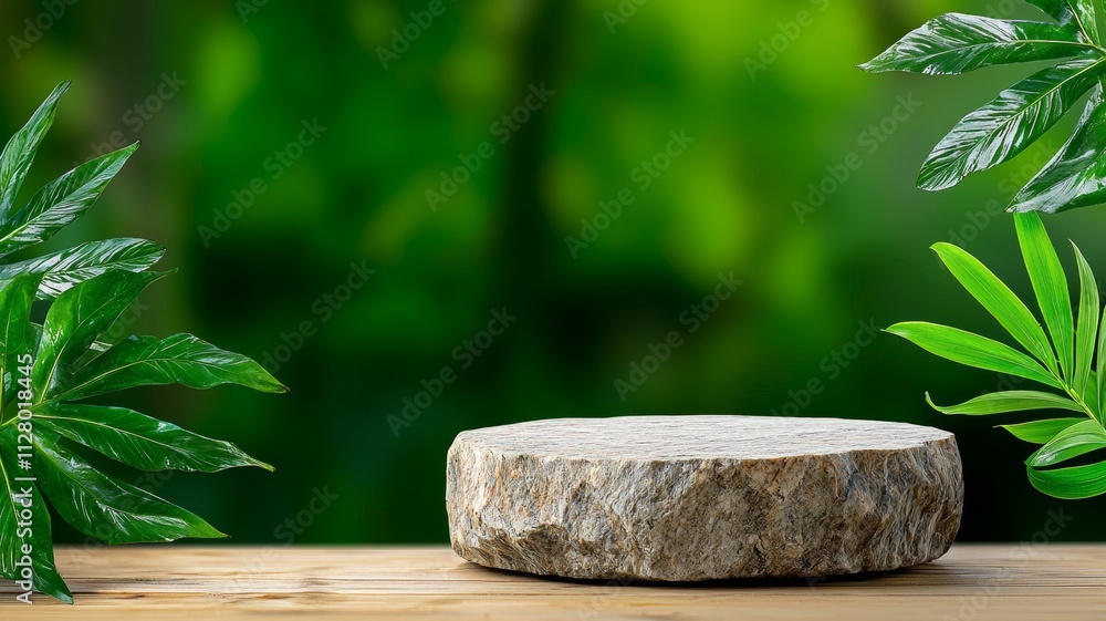 Stone Podium Green Leaves Wooden Background Nature Product Display Stone Podium Green Leaves Wooden Background Nature Product Display
