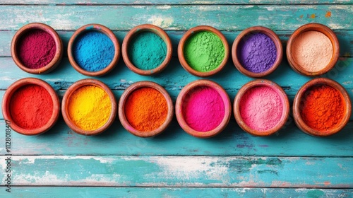 Bowls filled with vibrant powdered pigments are neatly arranged on a colorful wooden table, perfect for creative projects and art activities photo