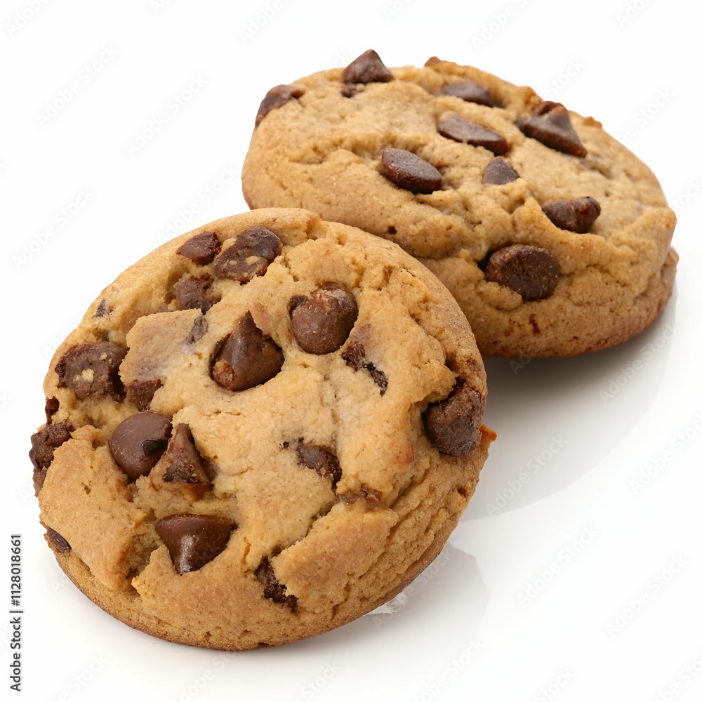 Two delicious chocolate chip cookies isolated on a white background, showcasing texture and rich chocolate, perfect for food ads and designs Two delicious chocolate chip cookies isolated on a white background, showcasing texture and rich chocolate, perfect for food ads and designs