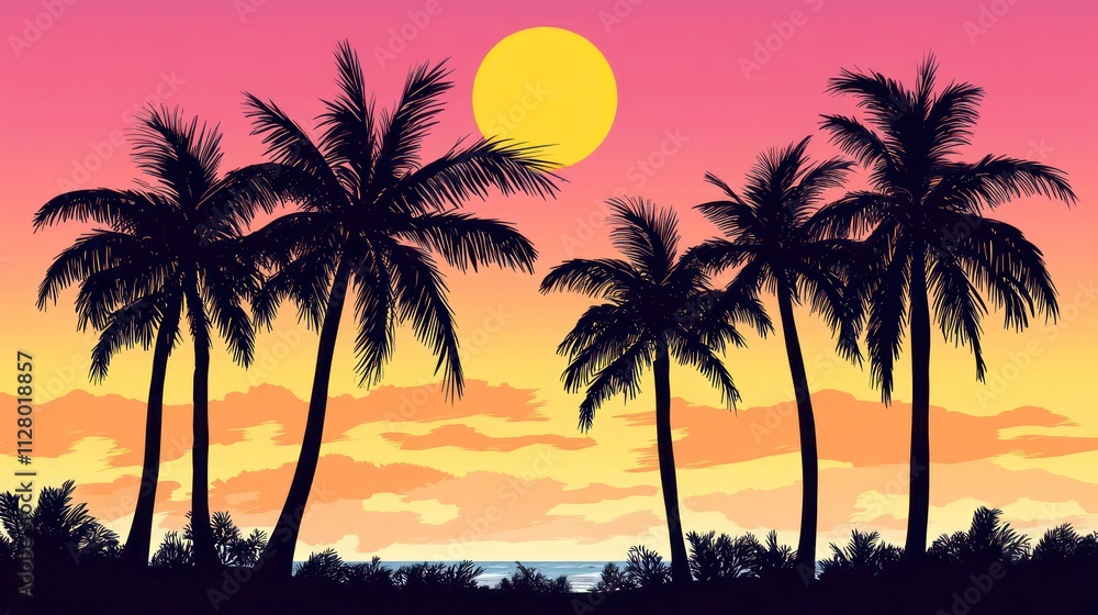 Silhouetted palm trees at sunset over ocean. Silhouetted palm trees at sunset over ocean.