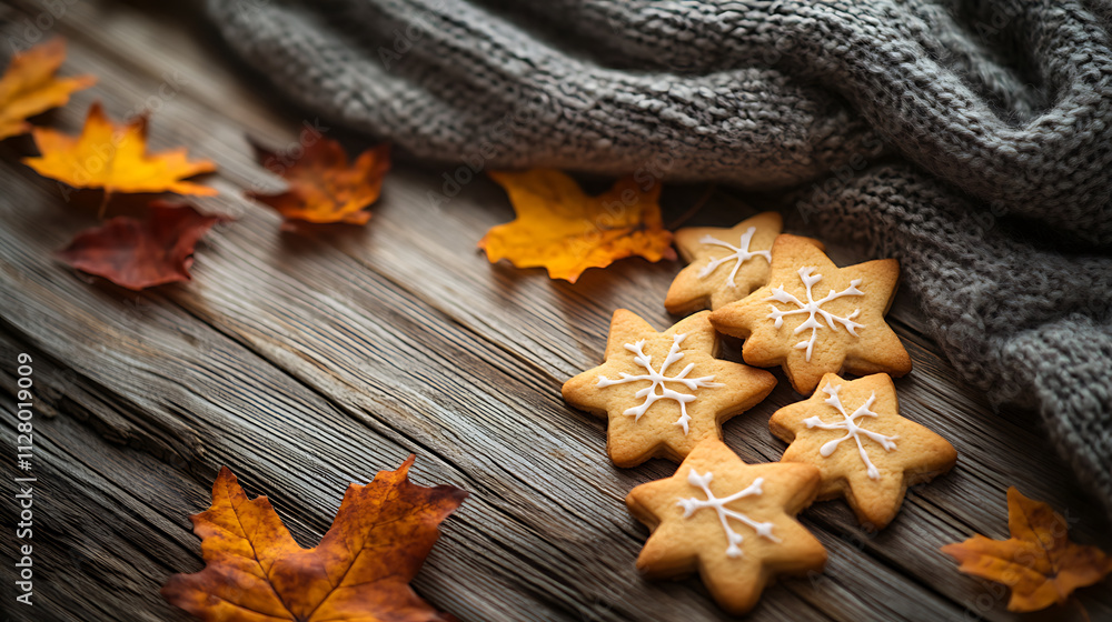 Delicious cookies shaped like autumn leaves on wooden table, evoking warmth Delicious cookies shaped like autumn leaves on wooden table, evoking warmth