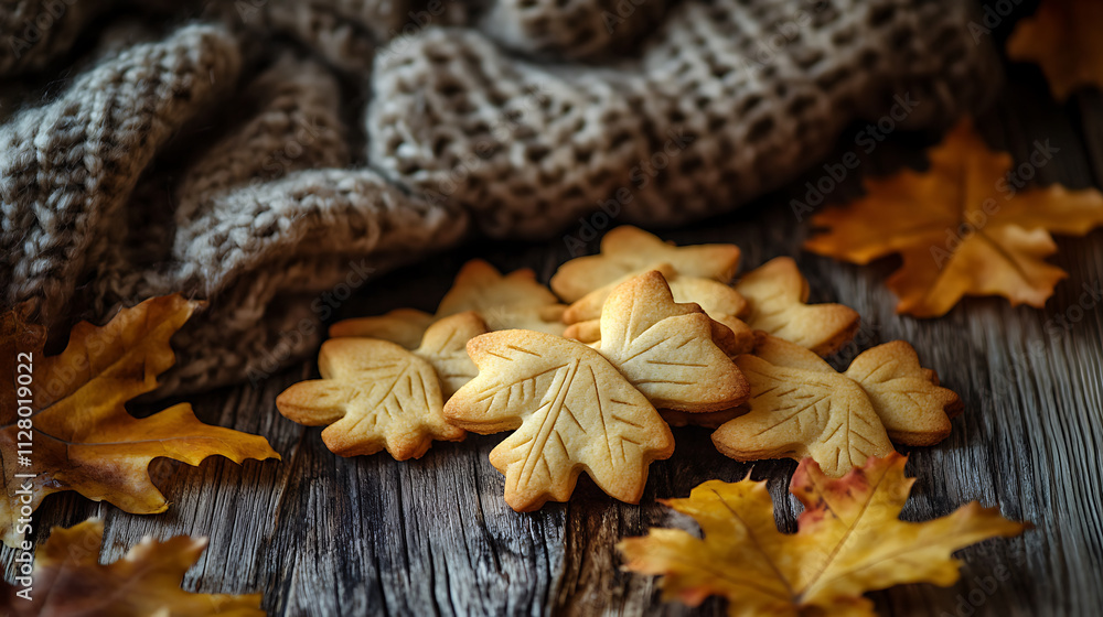 Delicious cookies shaped like autumn leaves on wooden table Delicious cookies shaped like autumn leaves on wooden table