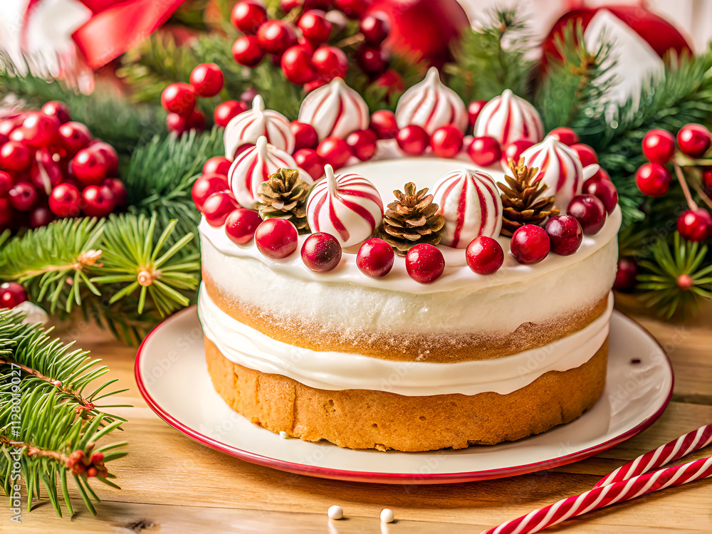 Wonderful Festive holiday cake with red and white decorations. Delicious Food Background Wonderful Festive holiday cake with red and white decorations. Delicious Food Background