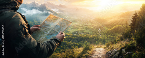 backpacker holding map on serene mountain path, surrounded by lush greenery and breathtaking sunrise, planning their journey through scenic valley below
