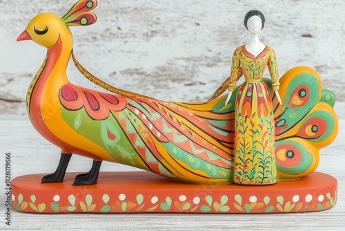 Colorful decorative peacock figurine with woman figure photo