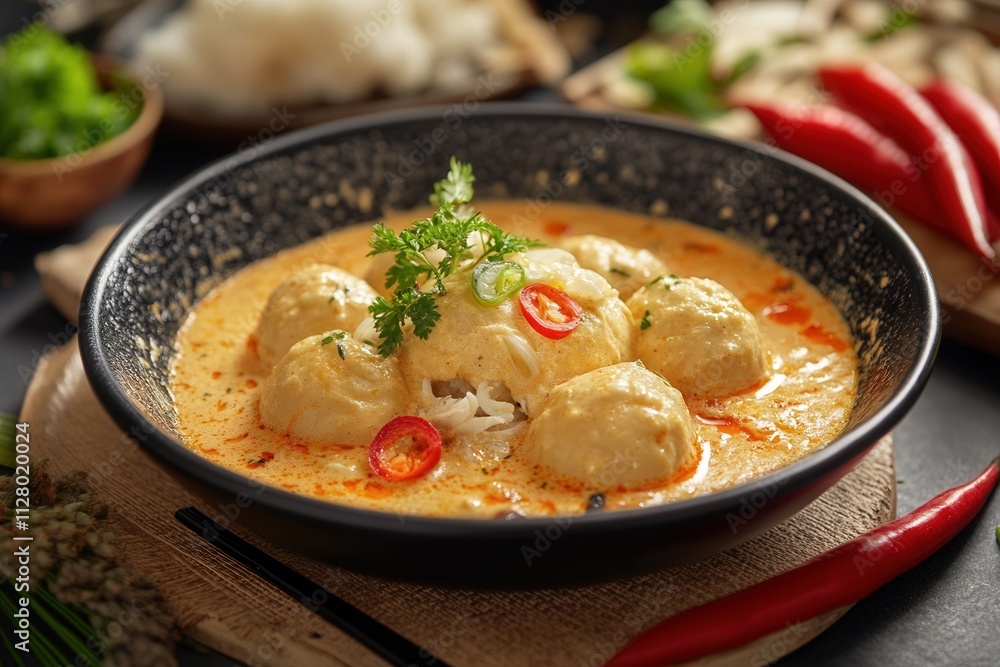 Creamy coconut curry with chicken meatballs and rice. Creamy coconut curry with chicken meatballs and rice.