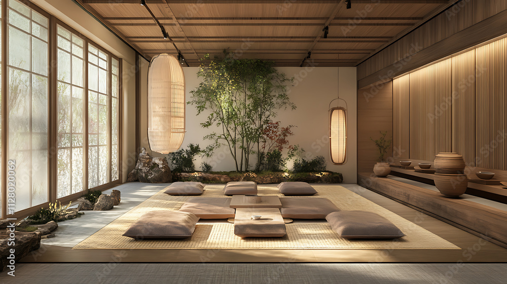 Fototapeta premium serene Japanese style tea room featuring tatami mats, natural decor, and soft lighting
