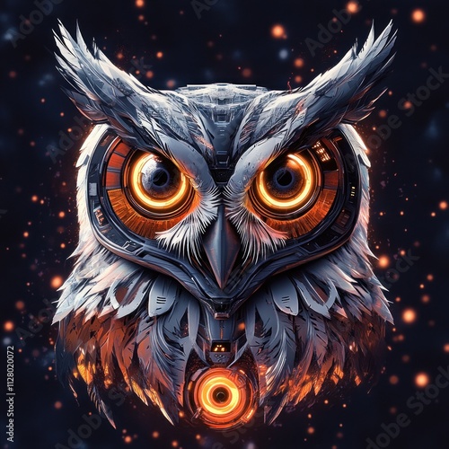 Futuristic Cyberpunk Owl Design with Neon Lights and Metallic Colors photo