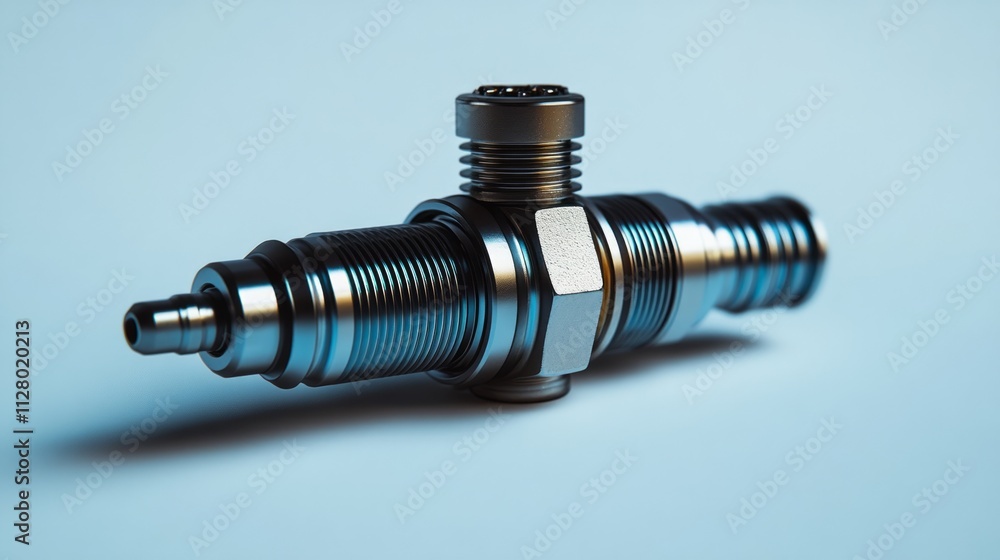 Close-up of a metallic industrial component with intricate details, showcasing its threaded and cylindrical design against a light blue background. Close-up of a metallic industrial component with intricate details, showcasing its threaded and cylindrical design against a light blue background.