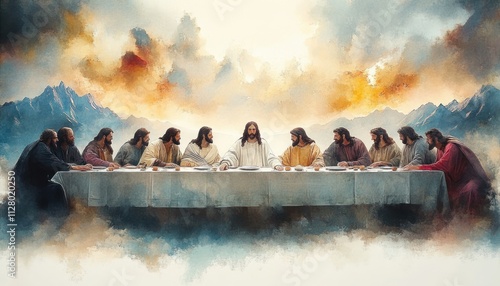 Jesus Last Supper Maundy Thursday New Testament Watercolor Illustration Bible Religious Art