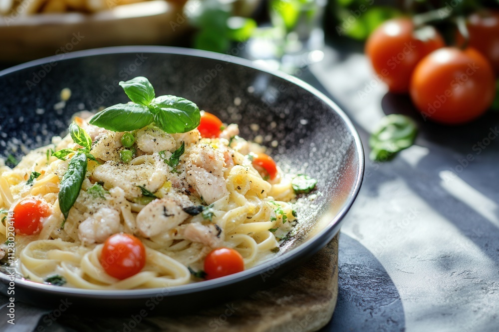 Creamy pasta dish with cherry tomatoes, basil, and parmesan cheese in a dark bowl. Creamy pasta dish with cherry tomatoes, basil, and parmesan cheese in a dark bowl.